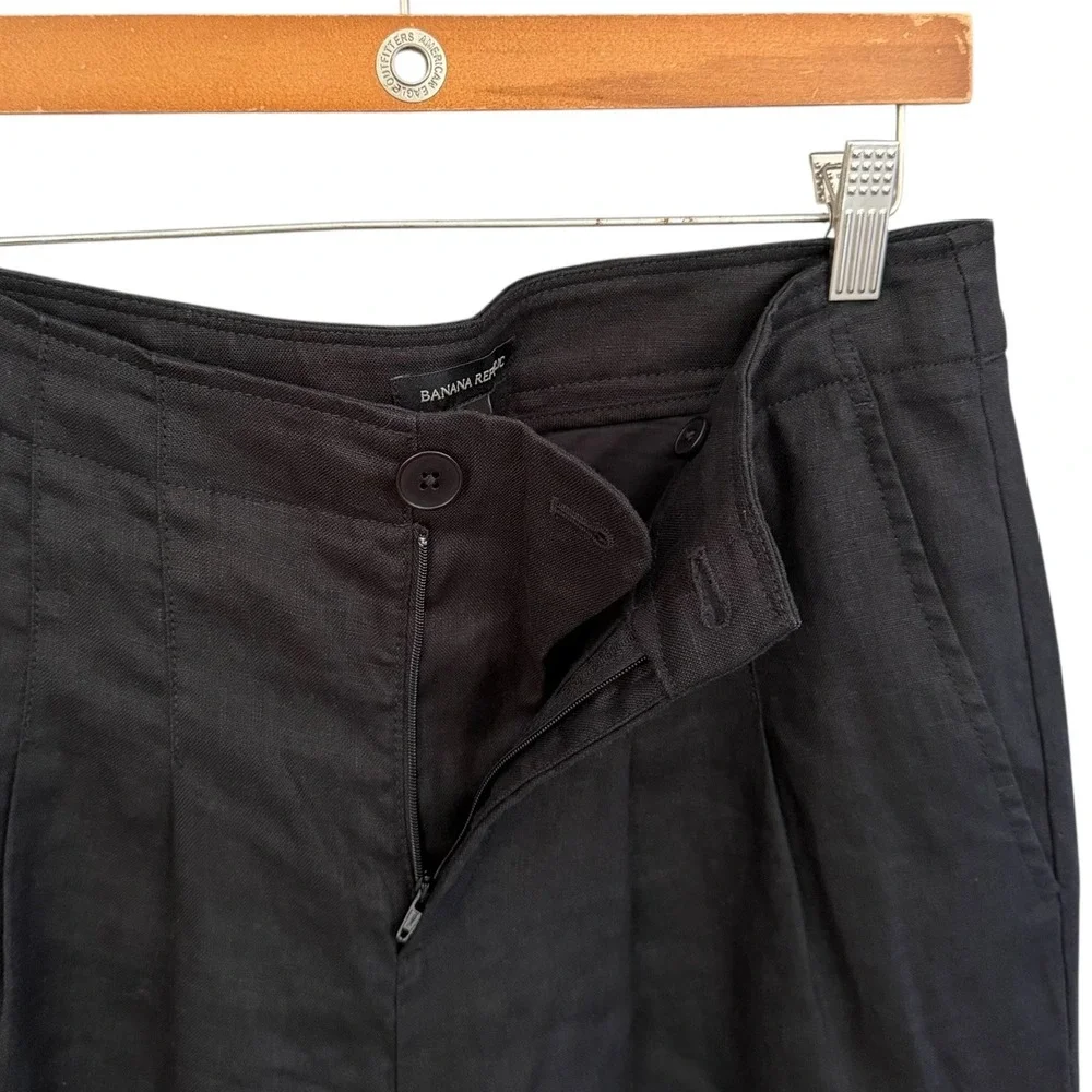 Banana Republic Minimalist Linen High Rise Pleated Wide Leg Trouser Black 4 Long